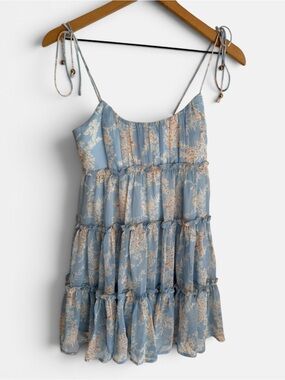 Angel Biba Sundress Light Blue Floral Tie-Shoulder Tiered Dress Size Small